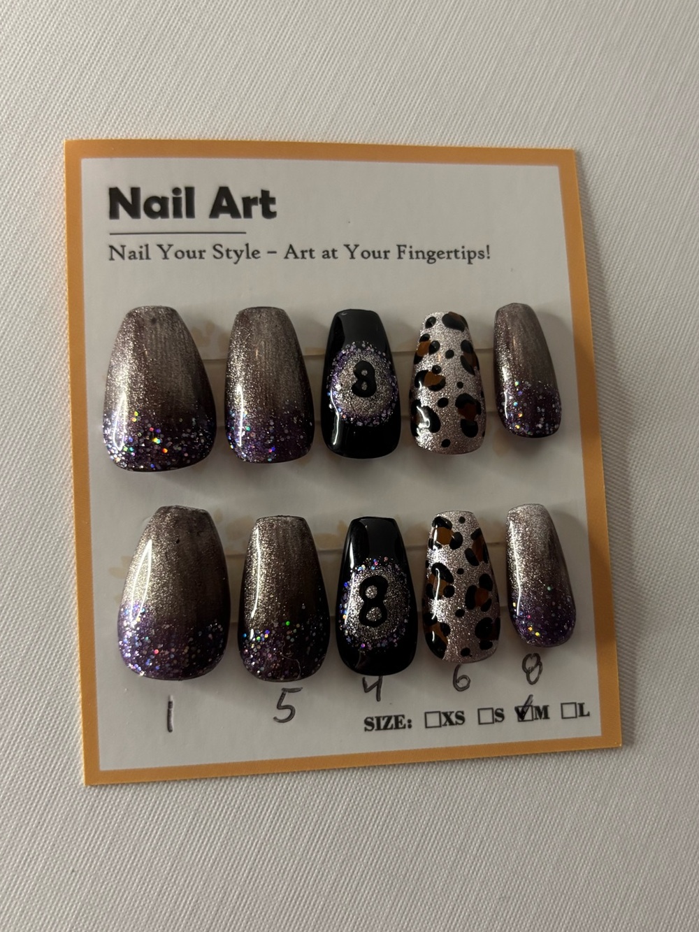 Nail Art Press-On Set — Black, Purple & Silver Leopard Accents